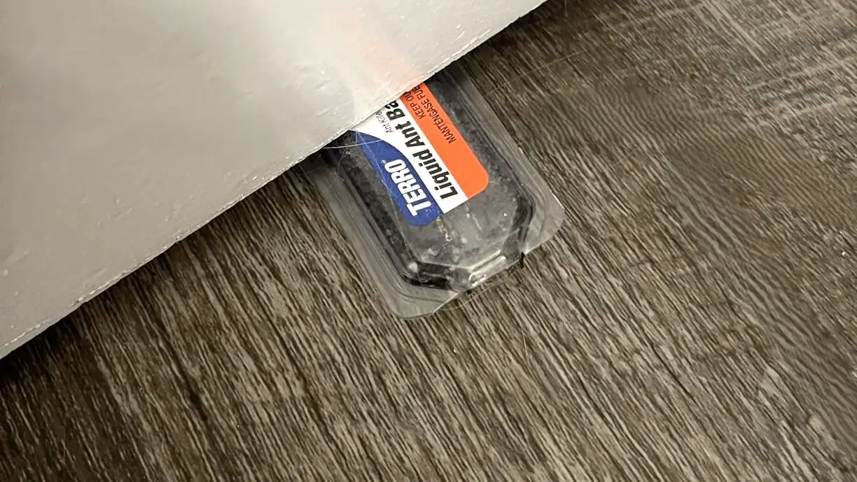 TERRO ant bait station placed discreetly under a baseboard to keep it out of reach from pets.
