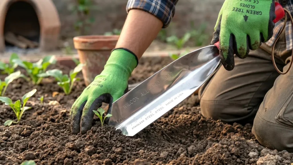 Close-up of a gardener wearing green gloves using a Wilcox All-Pro stainless steel hand trowel to plant a small seedling in fresh soil.
