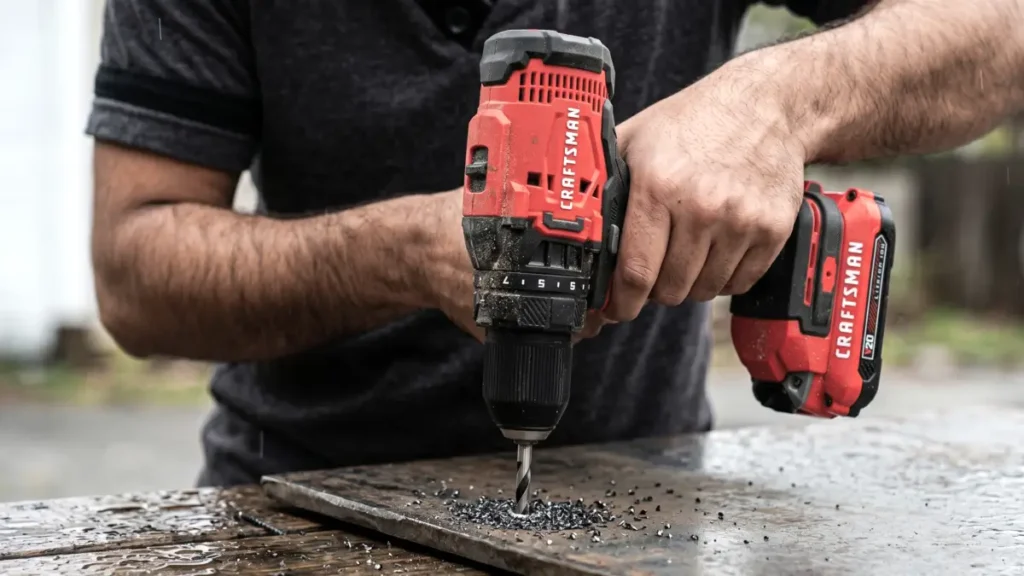 A close-up shot of drilling through a thick steel sheet with a cordless drill.