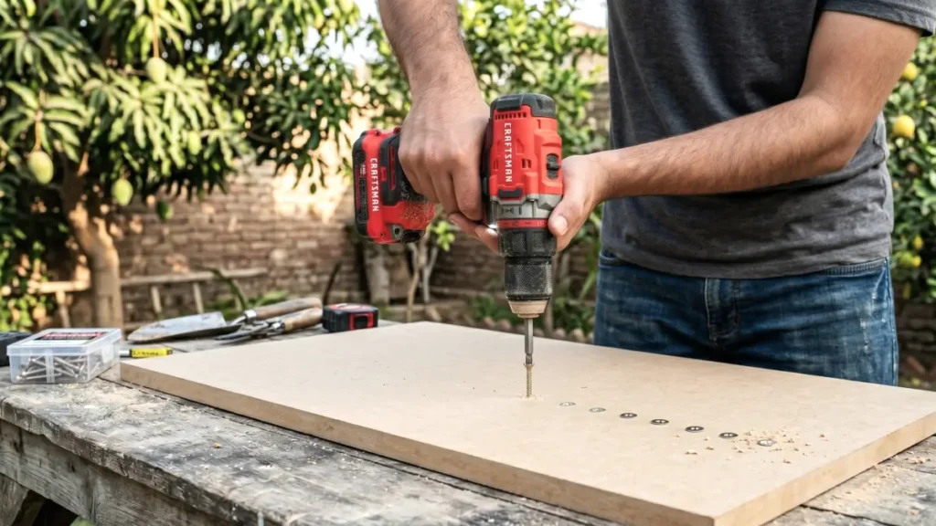 Driving multiple wood screws into a dense MDF board with a cordless drill.