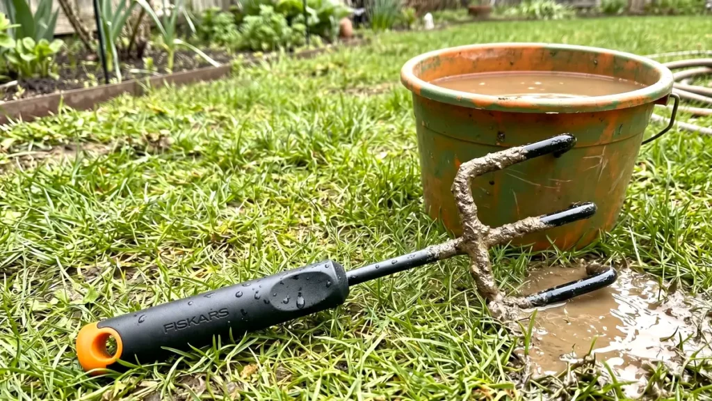 Muddy and wet metal cultivator resting on the ground showing zero signs of rust.