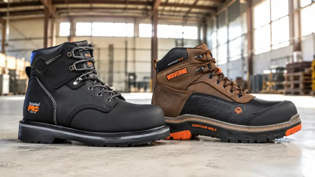 Timberland PRO Pit Boss and Wolverine Overpass side by side on a concrete warehouse floor for a Smart AI Gears review of the best work boots for concrete.