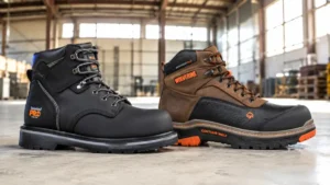 Timberland PRO Pit Boss and Wolverine Overpass side by side on a concrete warehouse floor for a Smart AI Gears review of the best work boots for concrete.