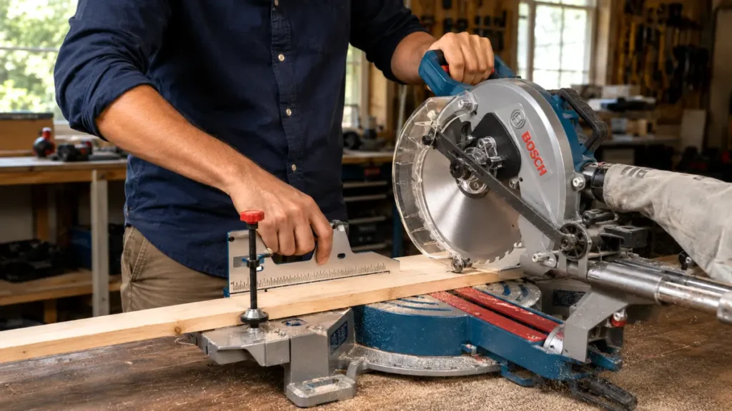 Bosch 12-inch sliding miter saw cutting a board in a home garage workshop