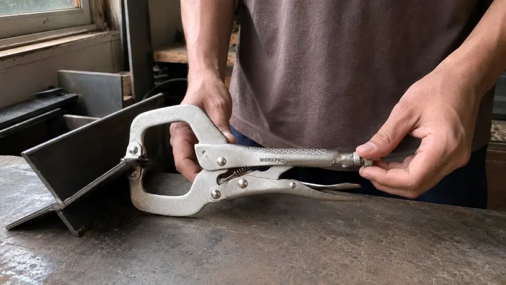 Small clamping tool securing sheet metal pieces at a slight angle on a welding table.