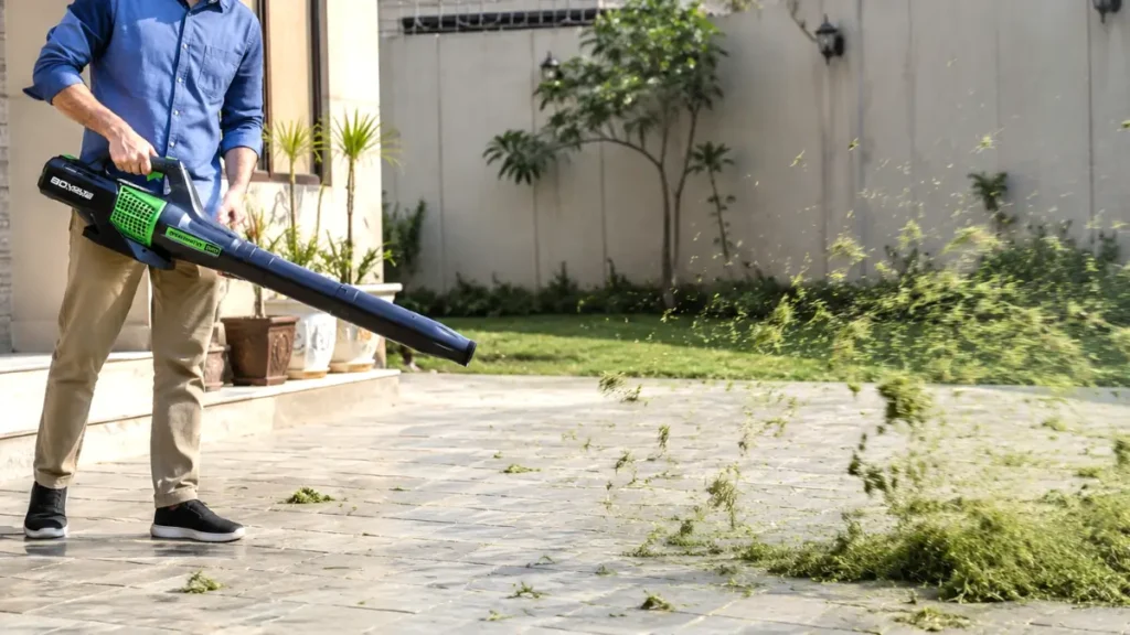 Young man using a battery-powered blower to clear wet grass clippings off a paved patio.