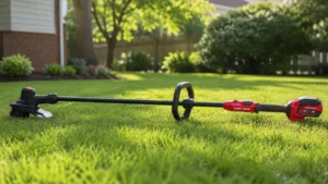Red Craftsman V20 String Trimmer resting on green grass in a backyard for a Smart AI Gears review.