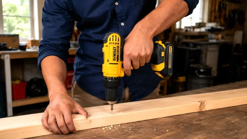 DeWalt DCD771C2 cordless drill driving a screw into a wood board in a garage workshop