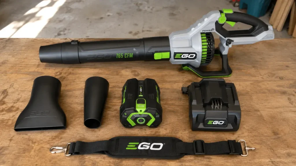 EGO blower kit with battery, charger, nozzles, and strap