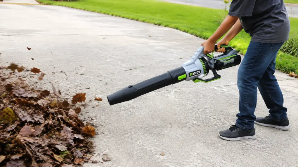 EGO LB7654 clearing wet leaves on a driveway