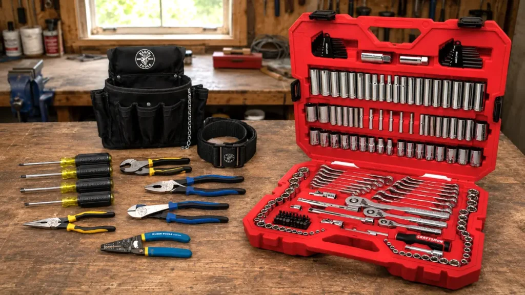 Klein electrician tools and Craftsman mechanics tool set arranged neatly on a workshop bench