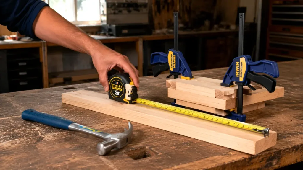 Stanley tape measure, Estwing hammer, and Irwin clamps arranged on a wooden workbench