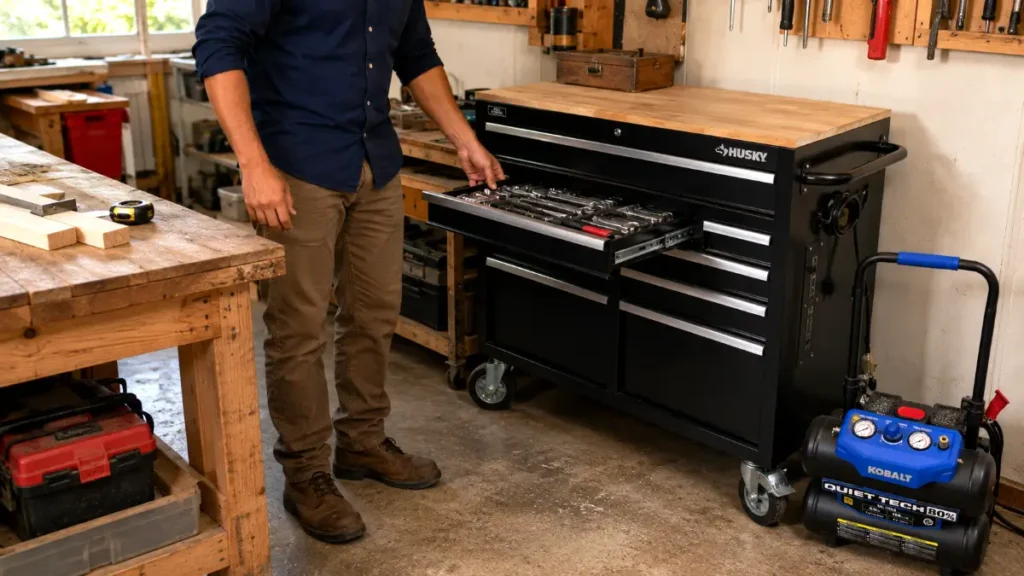 Husky tool storage chest and Kobalt air compressor in a real garage workshop setup