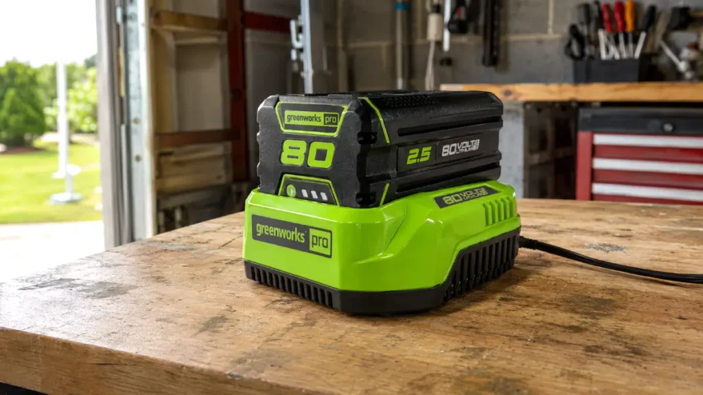 Greenworks 80V 2.5Ah battery plugged into a rapid charger on a wooden garage workbench.