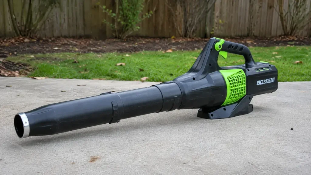 Greenworks 80V Jet Blower resting on a concrete backyard patio for Smart AI Gears.