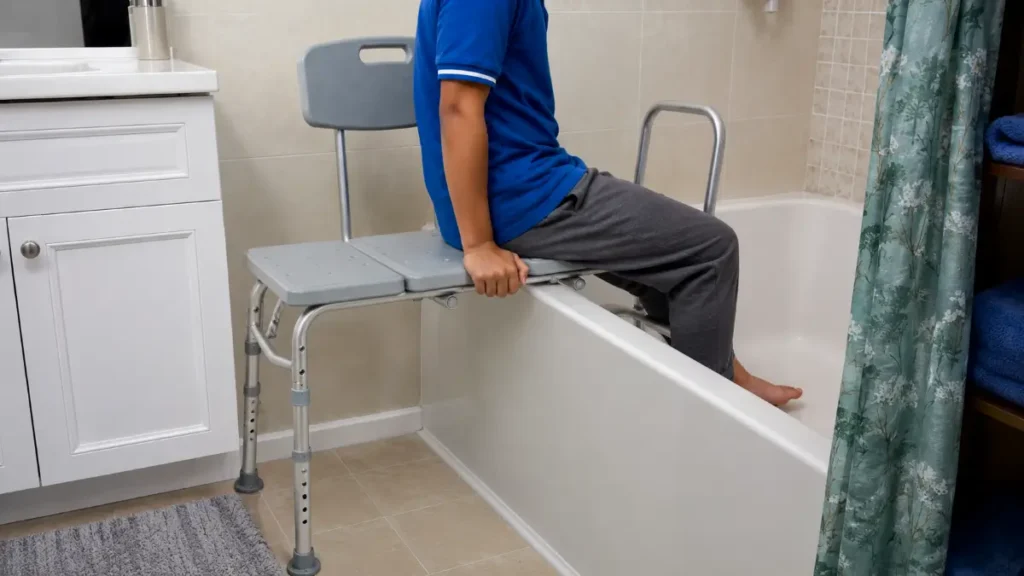 Demonstrating a seated transfer using a medical bench.