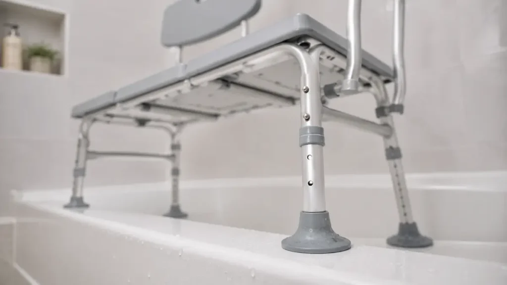 Close-up of suction cup feet on a Drive Medical Tub Transfer Bench.
