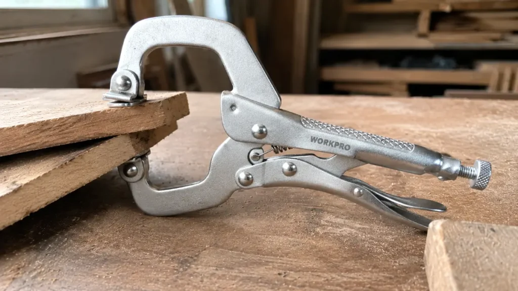 Close up of swivel pads securing two uneven pieces of wood together.