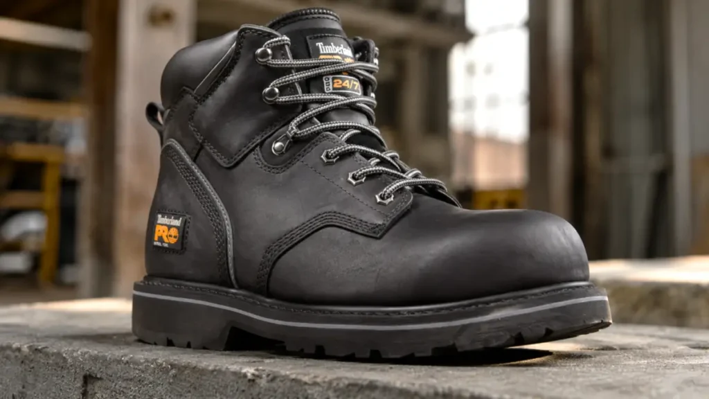 Close-up profile view of the Timberland PRO Men’s Pit Boss work boot showing its thick leather and dense rubber outsole.
