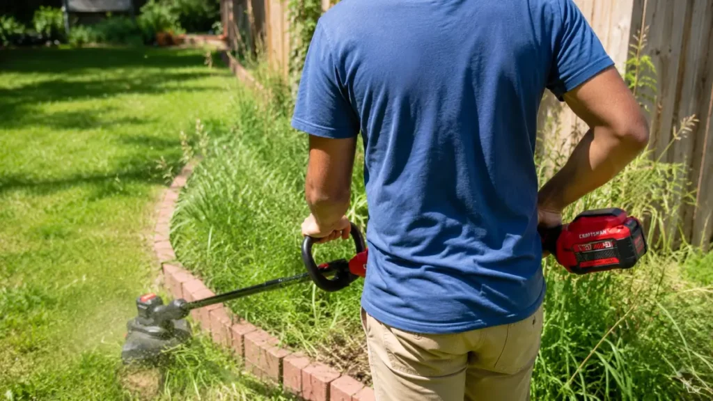 Person in a blue shirt and khaki pants trimming tall weeds along a brick landscape border using a red cordless trimmer.