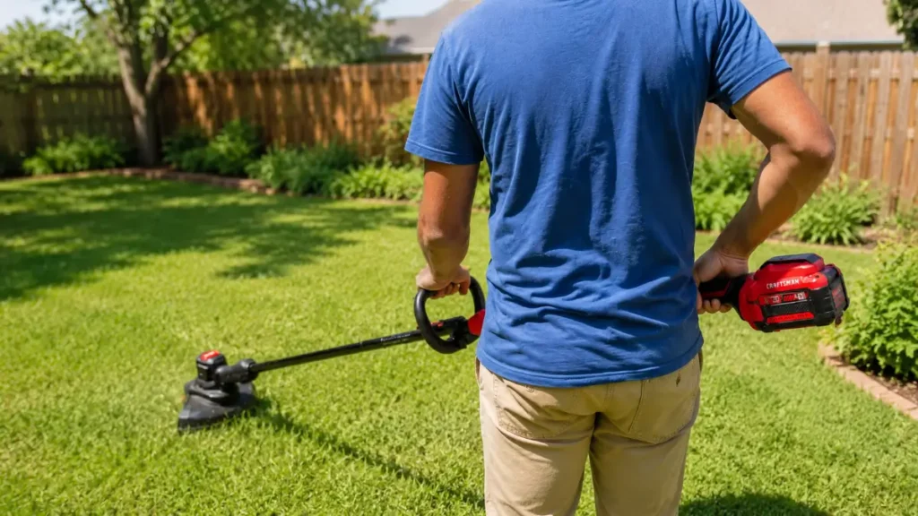 Person holding a red string trimmer by its adjustable front handle in a backyard setting.