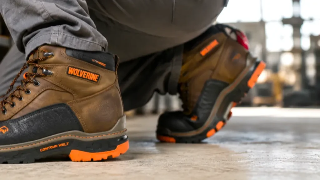 A worker wearing the Wolverine Men’s Overpass work boot while crouching, showing how the boot bends naturally at the toe knuckles on concrete.