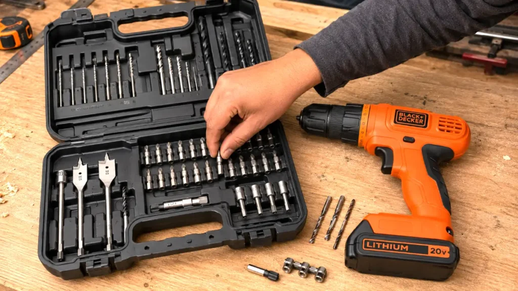The multi-piece homeowner accessory kit included with a budget cordless drill.