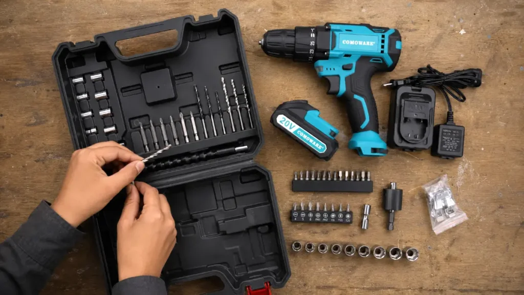 The unboxed 23-piece accessory kit and 1500mAh battery of the Comoware drill.
