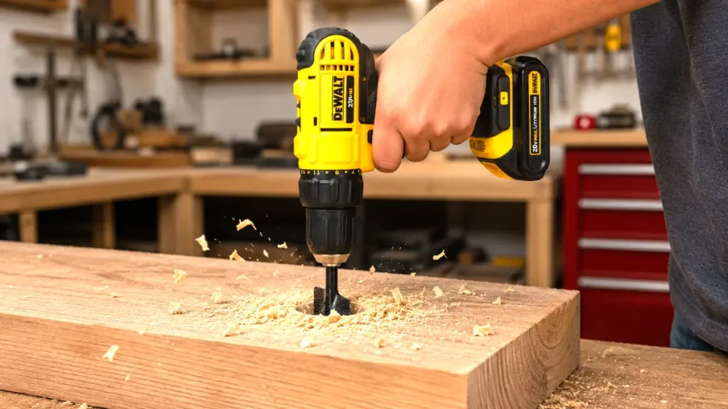 Using a 20V battery drill to bore a clean one-inch hole through timber.