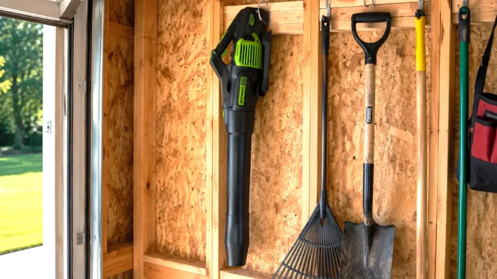 Greenworks 60V leaf blower hanging flat on a garage pegboard wall.