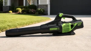 Greenworks 60V blower review featured image on a driveway by Smart AI Gears.