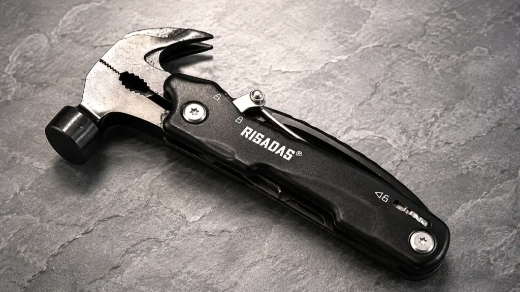 Risadas 12-in-1 Multitool Hammer showing the engraved logo on the black handle. Smart AI Gears.