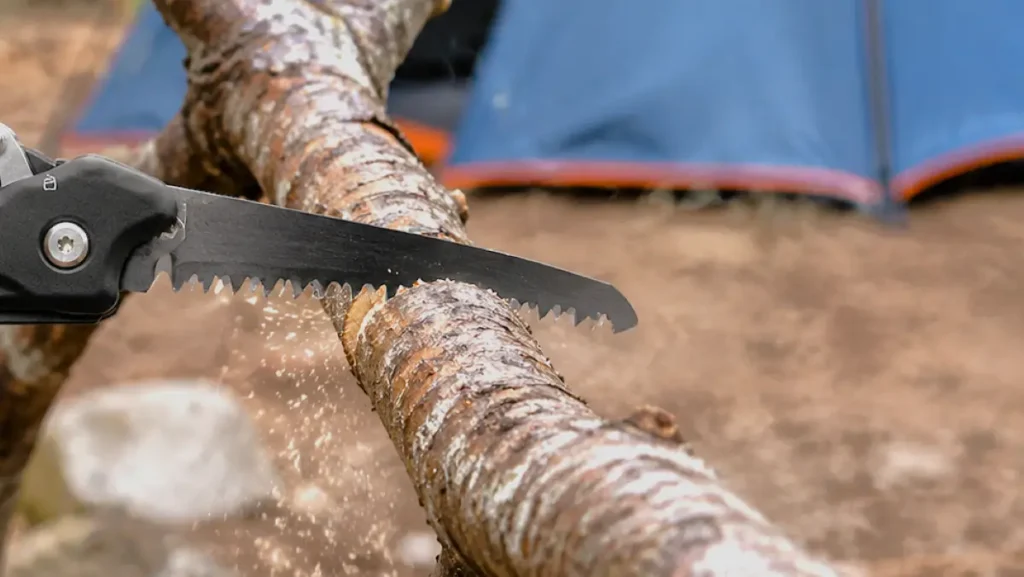 Risadas multitool saw blade cutting into a dry branch.