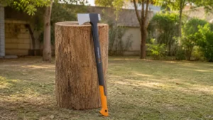 Fiskars X32 splitting axe leaning against an oak chopping block for a Smart AI Gears review on the best axe for splitting wood.