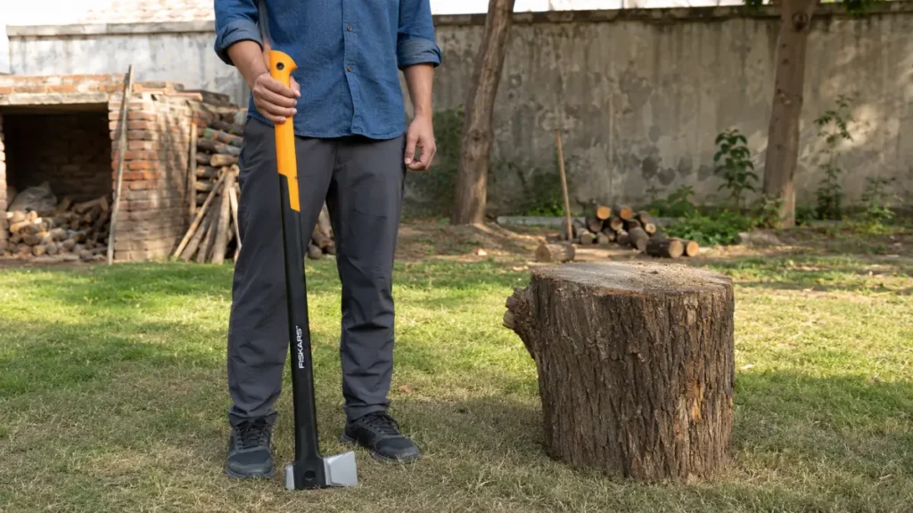 A person holding the 32-inch Fiskars X32 axe to show its length and size proportion next to a chopping block.