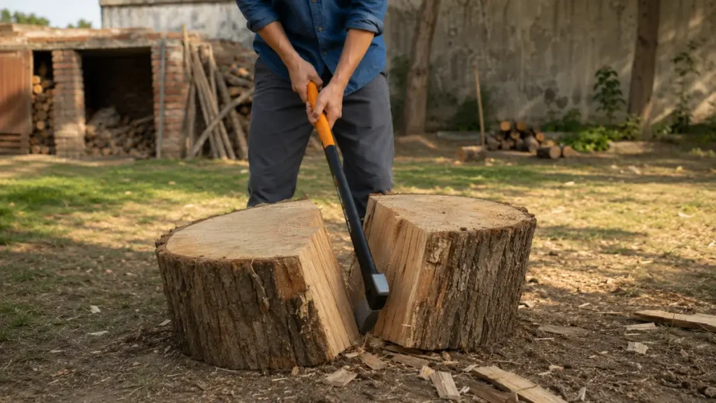A 14-inch white oak log cleanly split in half by the Fiskars X32 axe on packed dirt.