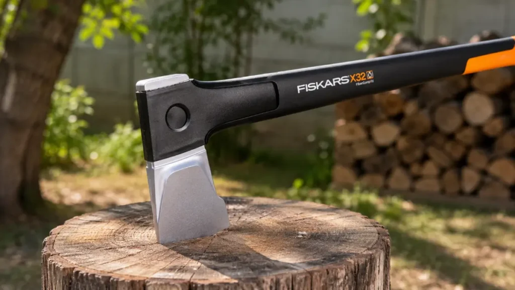 A close-up view of the Fiskars X32 axe head showing the wide wedge profile and low-friction blade coating.