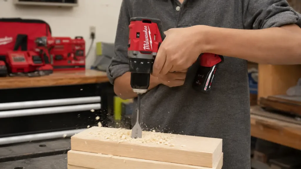 Milwaukee 3601-20 compact drill driving a one-inch spade bit into a stacked block of kiln-dried SPF construction lumber during benchmark testing.