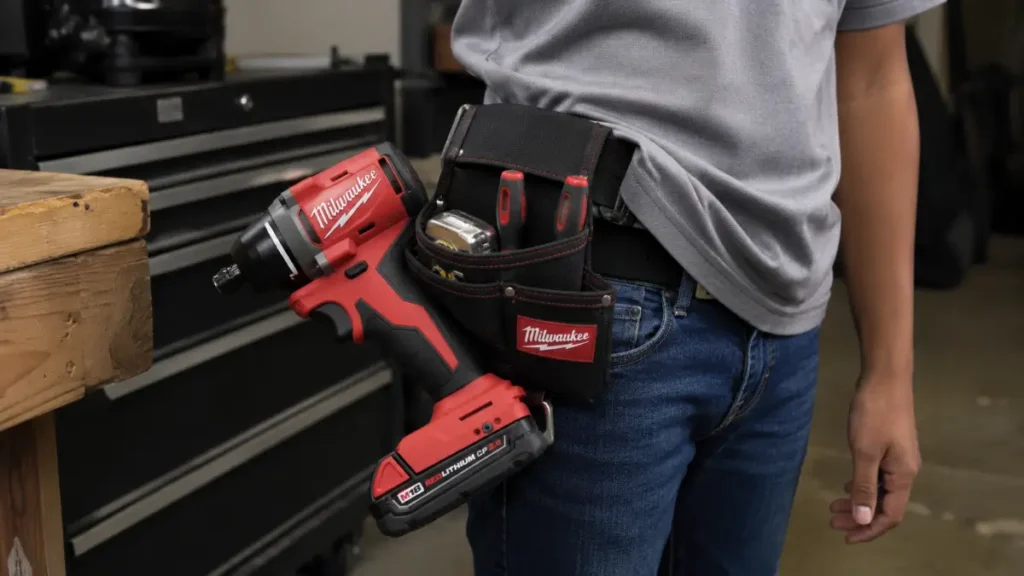 Close-up of the Milwaukee 3650-20 impact driver clipped to a tool belt pouch, showing the top-heavy tilt caused by the lightweight CP2.0 battery pack.