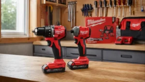 Milwaukee 3692-22CT compact brushless drill and impact driver combo kit sitting side by side on a wooden workbench for a review on Smart AI Gears.