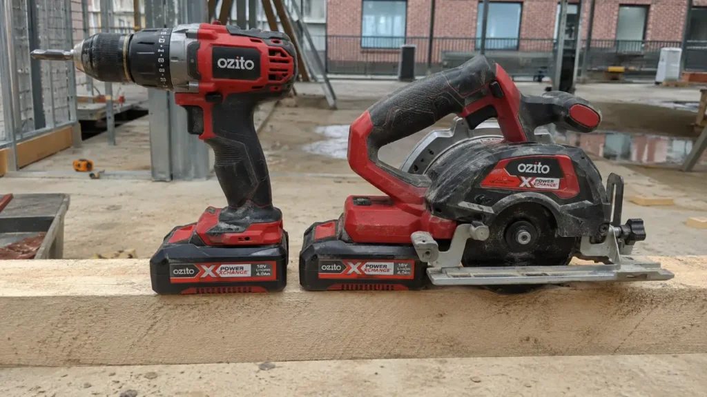 Two different manufacturer trade tools sharing a compatible cross-brand alliance battery system.