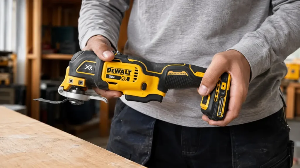 A close-up view of a user holding the DEWALT 20V MAX XR oscillating tool to demonstrate its lightweight design.