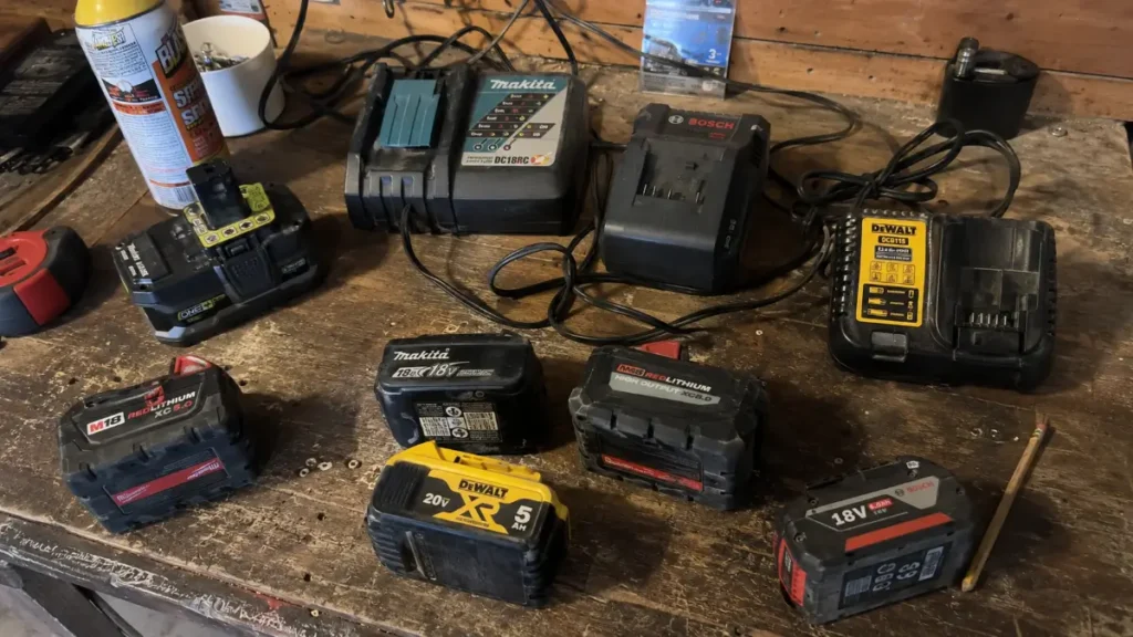 Power tool battery standardization challenges on a workshop bench, featured on Smart AI Gears.