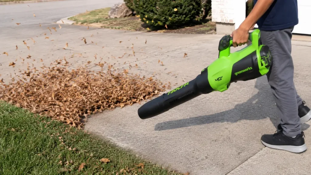 Cordless blower pushing a pile of dry brown leaves along a concrete driveway edge.