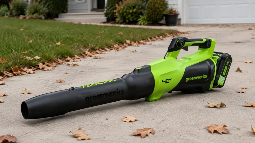 Greenworks BL40L510 40V 730 CFM Blower review kit on a suburban driveway by Smart AI Gears.